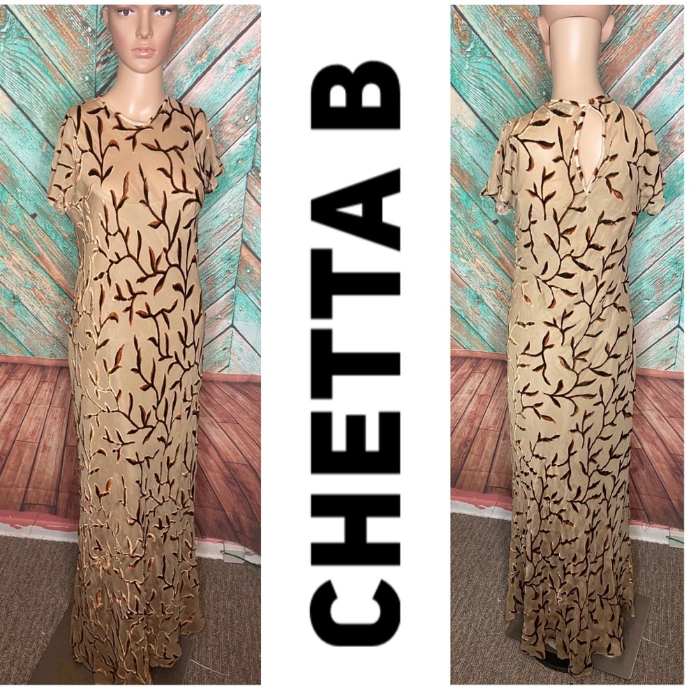 Chetta B Evening Silk Blend Burnout Velvet Leaf Print Evening Gown